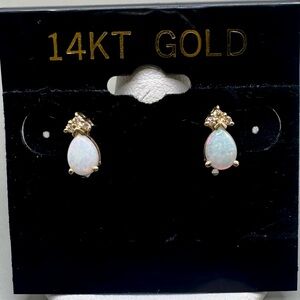 14k Yellow Gold Opal and Diamond Stud Earrings
